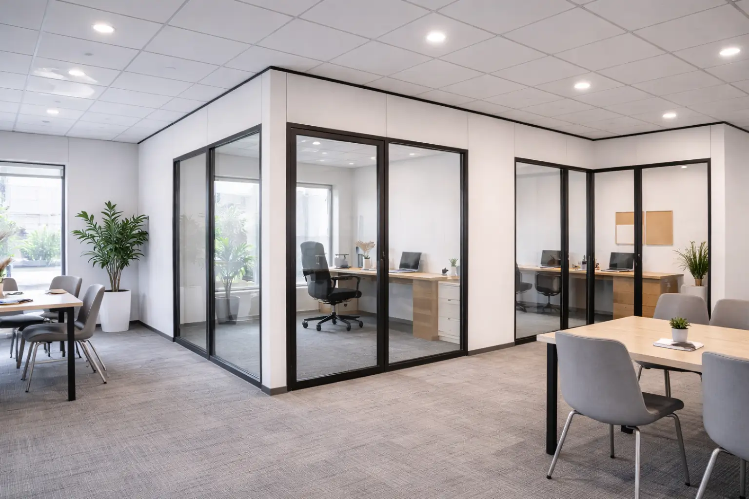 Drywall partitions with glass sections dividing a modern office, built by East Rand Carpentry