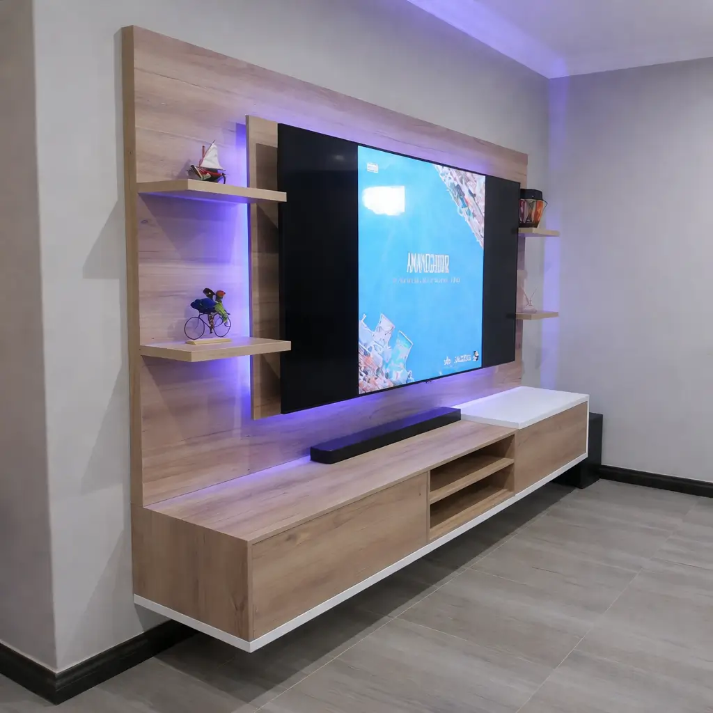 Custom TV unit and floating entertainment wall installed by a carpenter in Brakpan, featuring built-in shelving, neat finishes, and modern cabinet work.