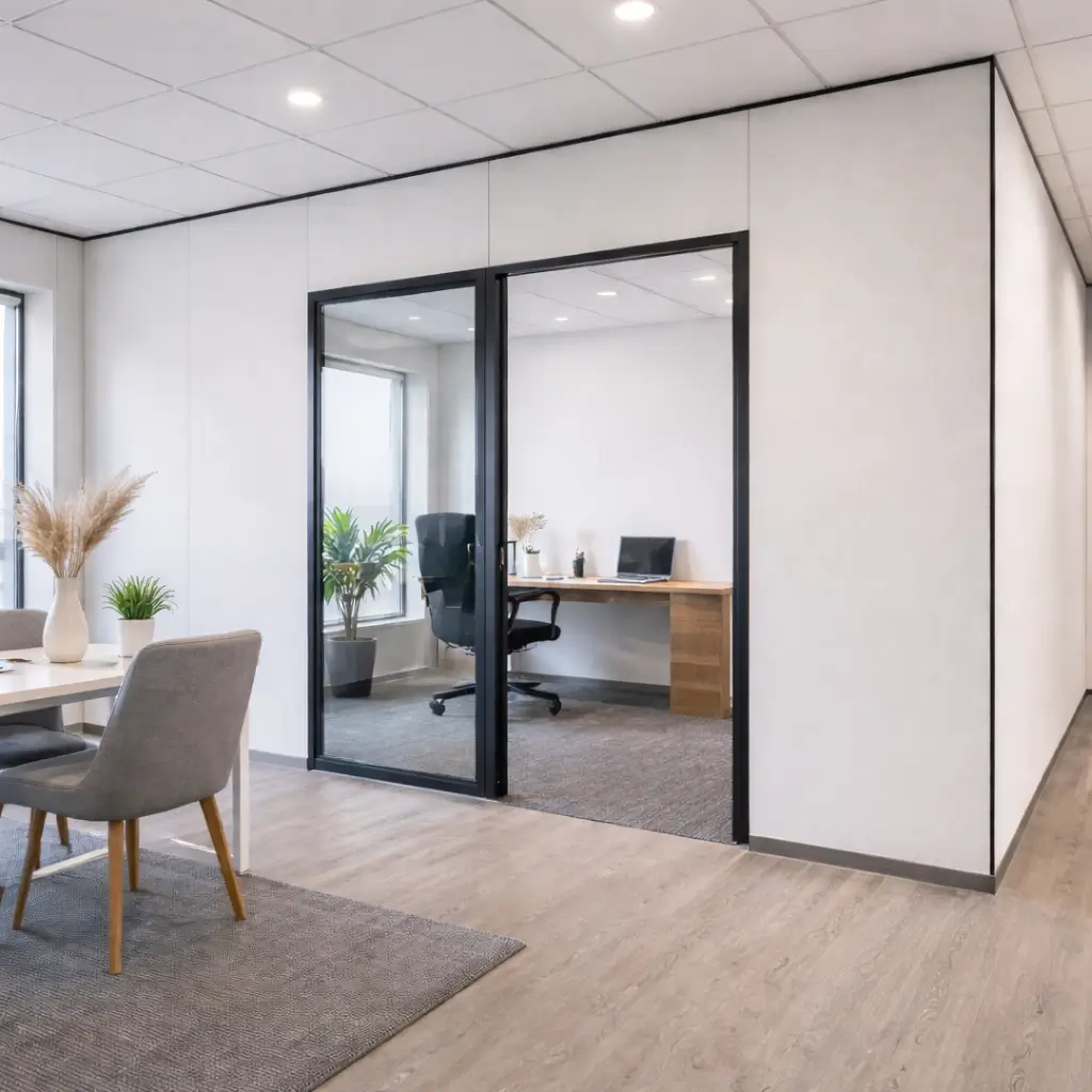 Dry wall installation creating a clean office partition with glass door and smooth finished walls in a modern workspace