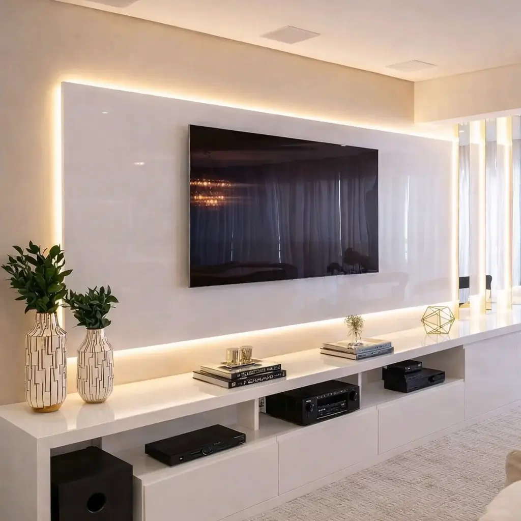 Modern floating TV unit with backlit wall panel, built-in shelving, and clean white cabinetry in a contemporary living room.
